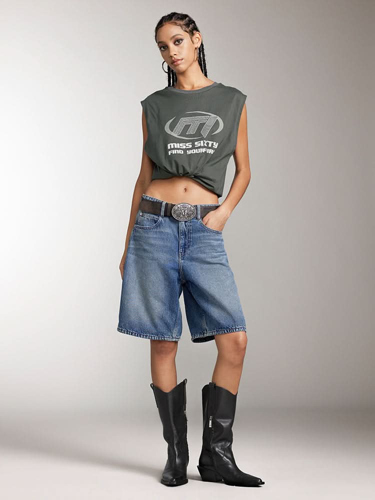 Printed Crew Neck Sleeveless T-Shirt