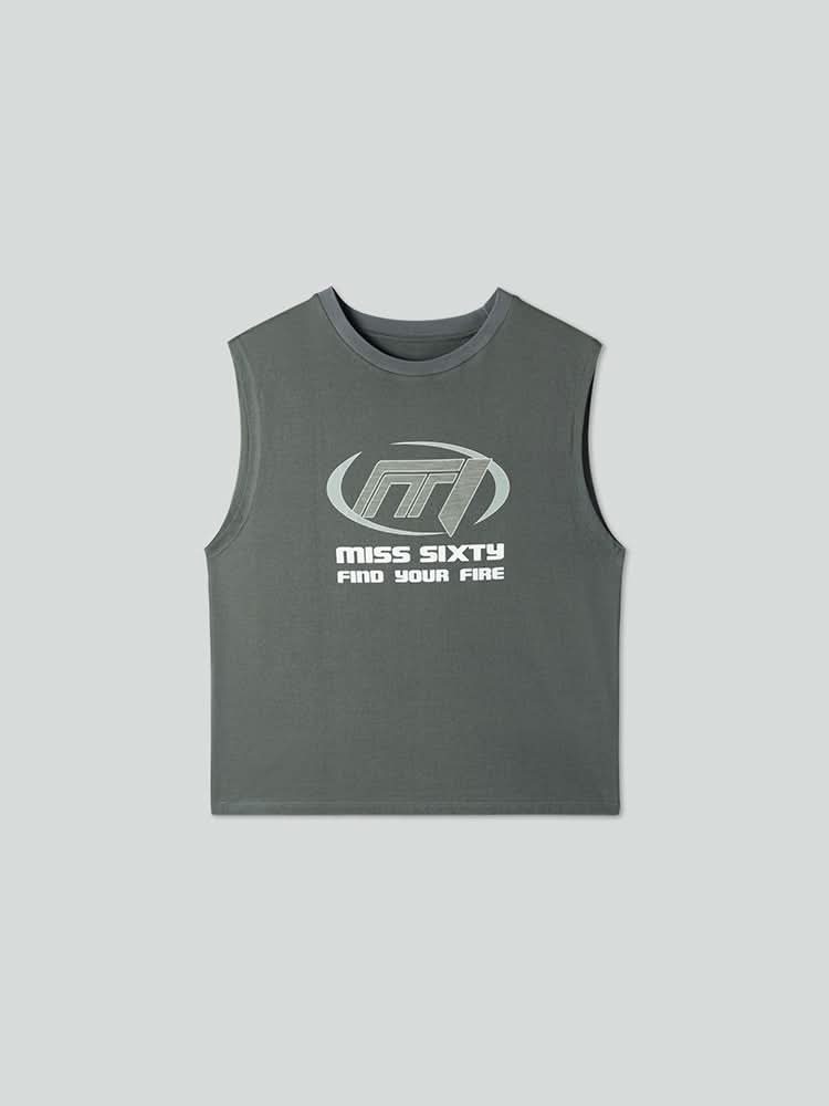 Printed Crew Neck Sleeveless T-Shirt