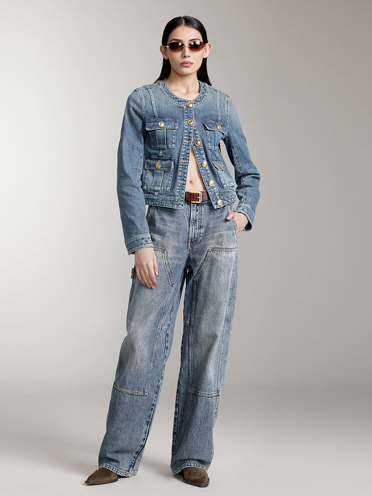 Crew Neck Cropped Cargo Denim Jacket