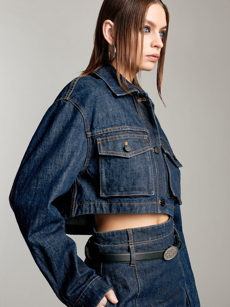 Cargo Style Denim Jacket With Pockets