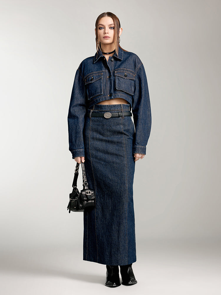 Cargo Style Denim Jacket With Pockets