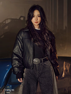 Funnel Neck Leather Bomber Jacket
