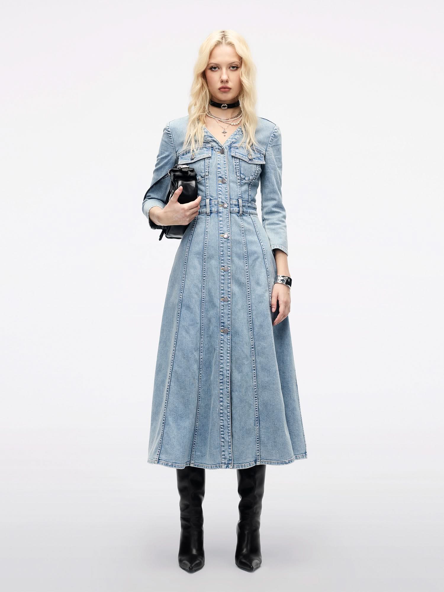 Waist-Tied Pleated Denim Dress, LIGHT BLUE / S Waist-Tied Pleated Denim Dress, LIGHT BLUE / S