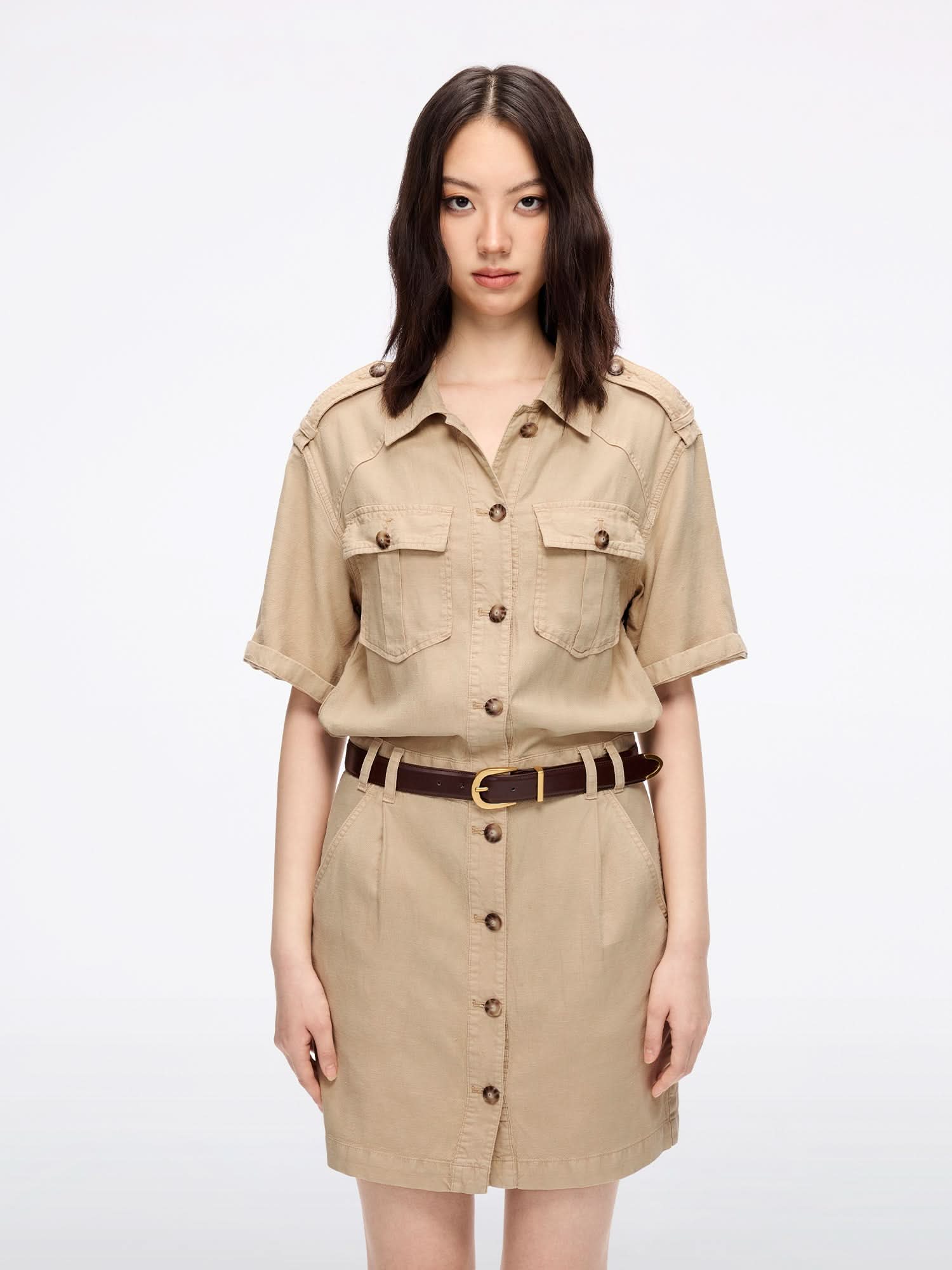 Denim Dress with Belt, KHAKI / M