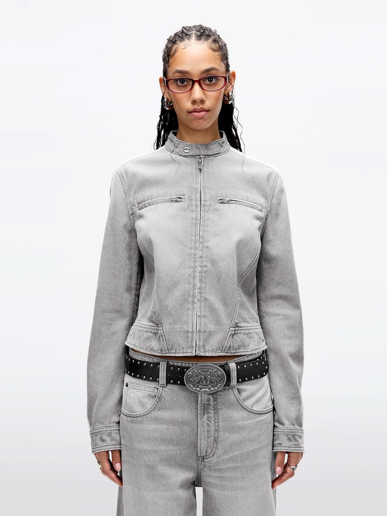 Stand Collar Zip-Up Cropped Denim Jacket