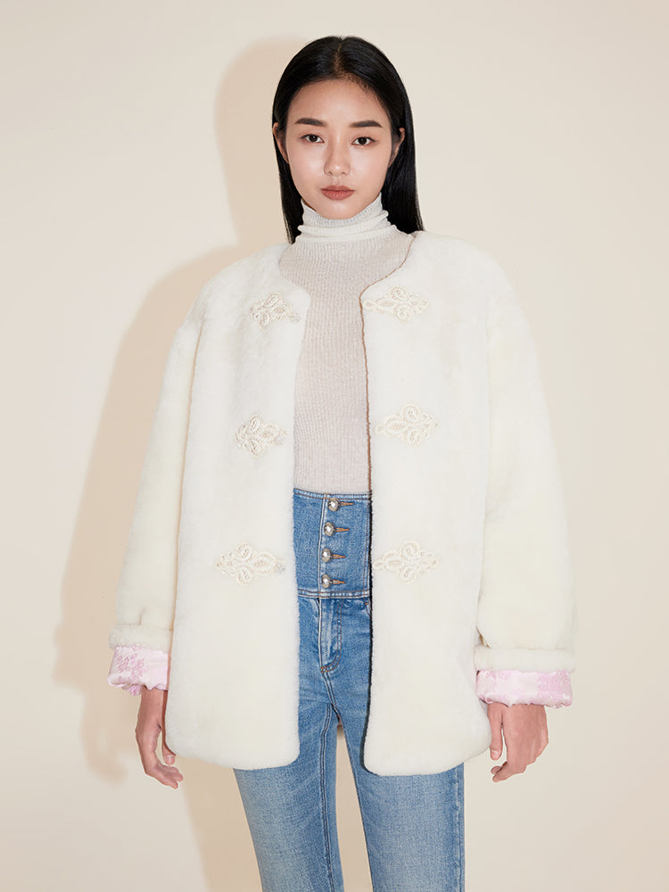 Round Neck Buckle Lamb Fur Jacket