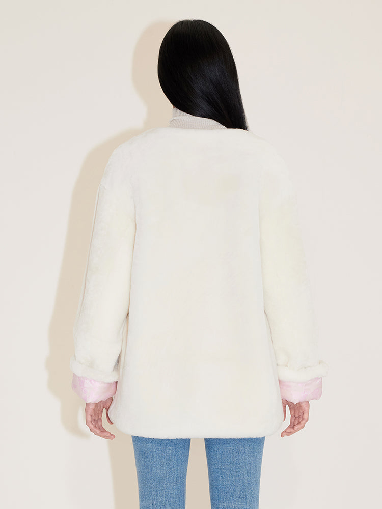 Round Neck Buckle Lamb Fur Jacket