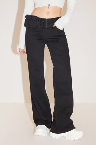 Black Cargo Flared Jeans With Detachable Belt