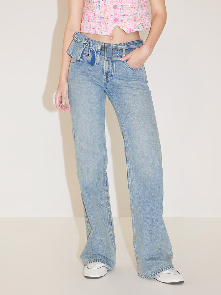 Cargo Style Bootcut Jeans With Detachable Belt