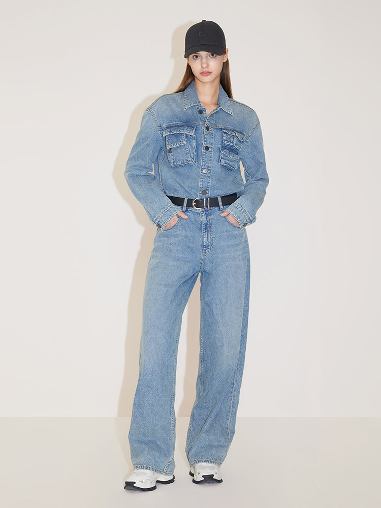 Vintage Cargo Style Denim Jumpsuit