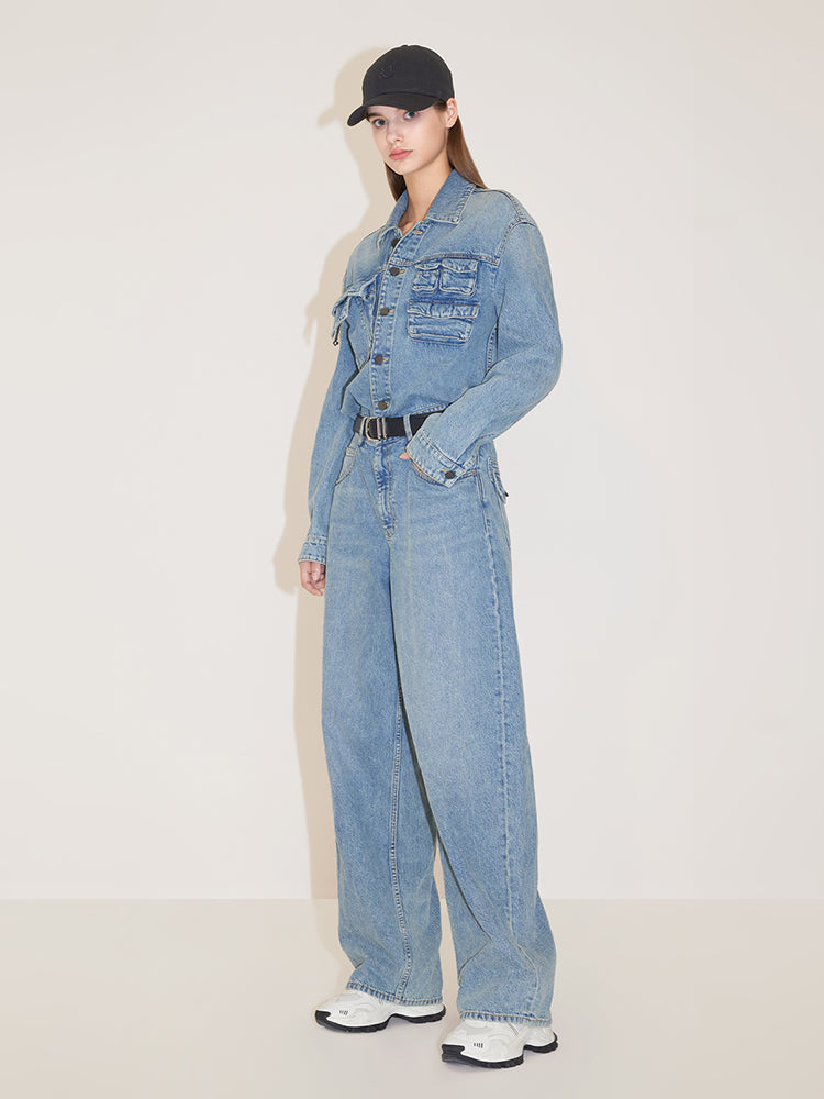 Vintage Cargo Style Denim Jumpsuit