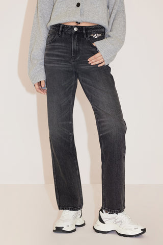 Dark Washed Straight Fit Jeans With Crystals