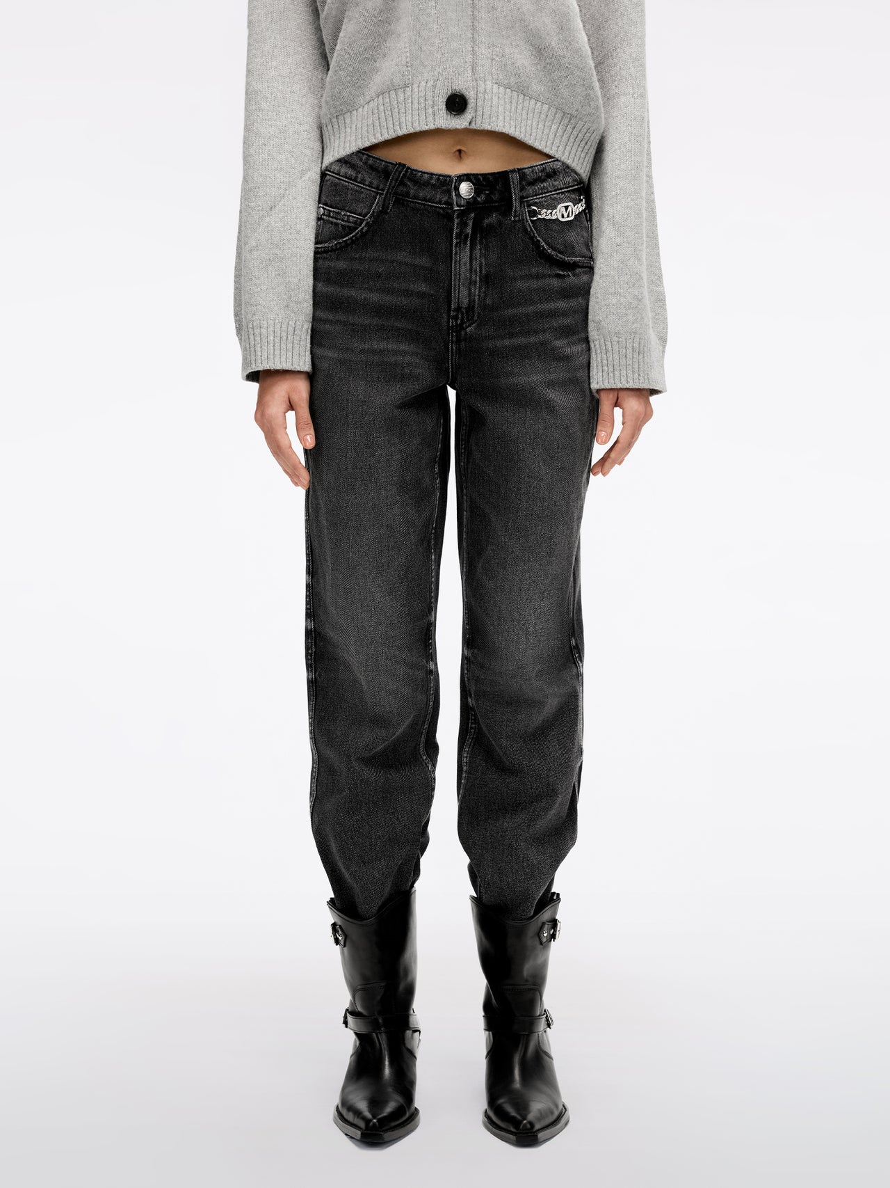 Dark Washed Straight Fit Jeans With Crystals