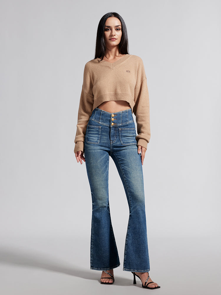 V-Shape High Waisted Slim Flared Jeans