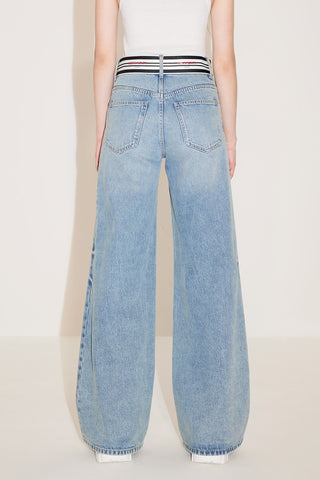 Wide-Leg Flared Jeans With Striped Waistband