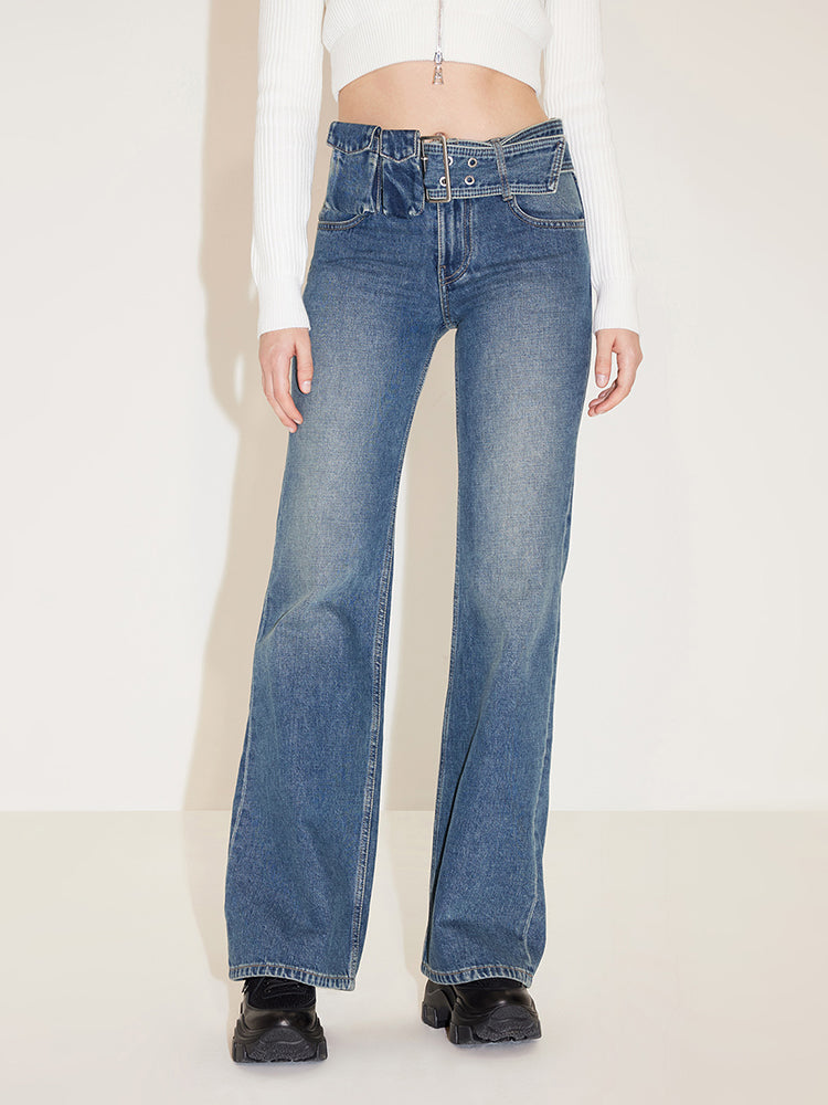 Cargo Style Bootcut Jeans With Detachable Belt