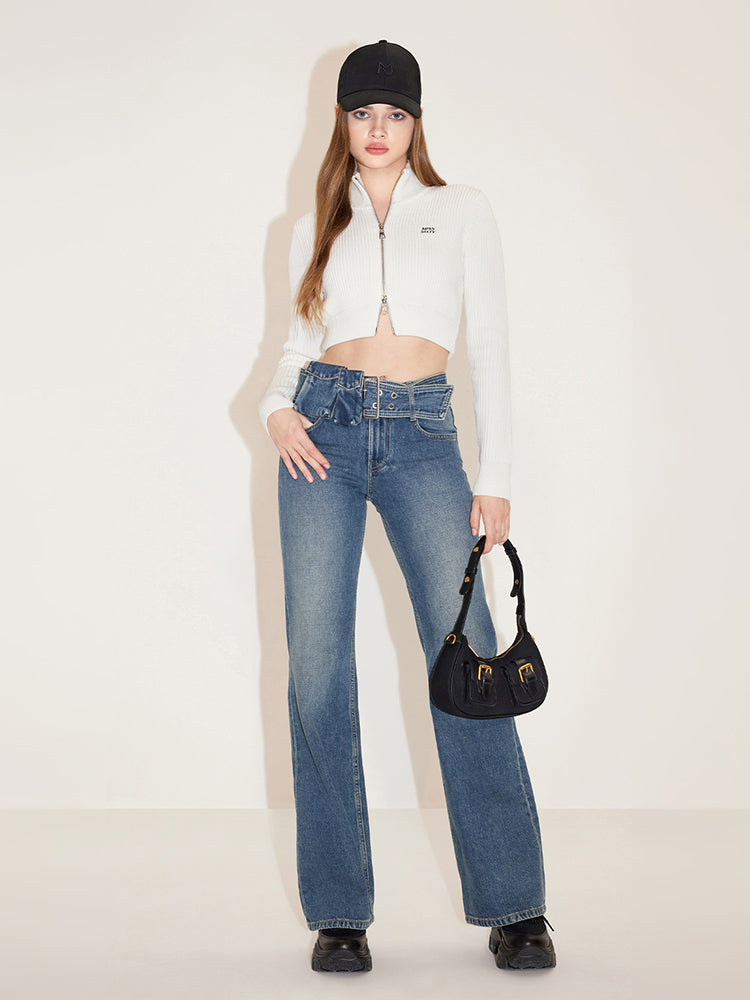 Cargo Style Bootcut Jeans With Detachable Belt