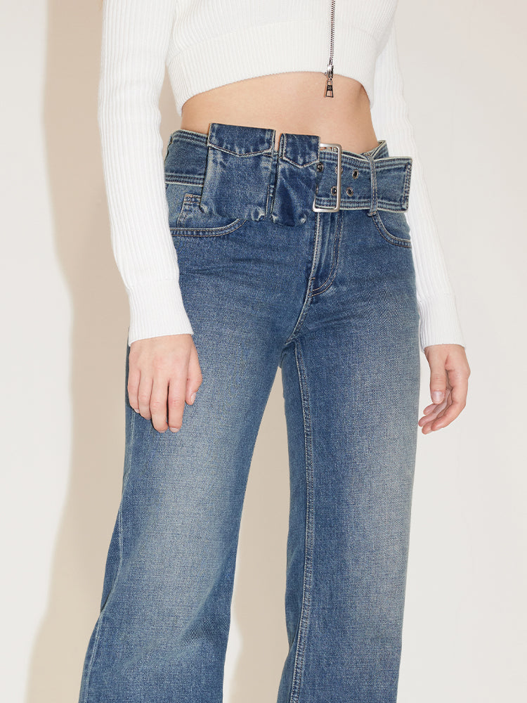 Cargo Style Bootcut Jeans With Detachable Belt