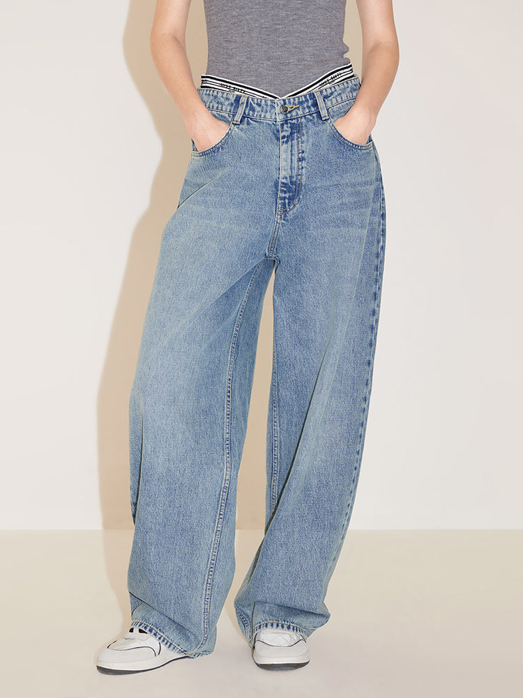 Light Blue V-Shape Patchwork High Waisted Straight Fit Jeans