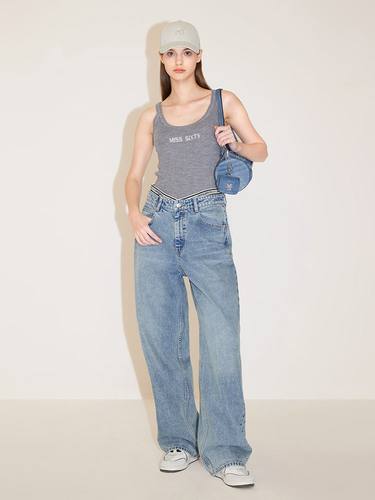 Light Blue V-Shape Patchwork High Waisted Straight Fit Jeans