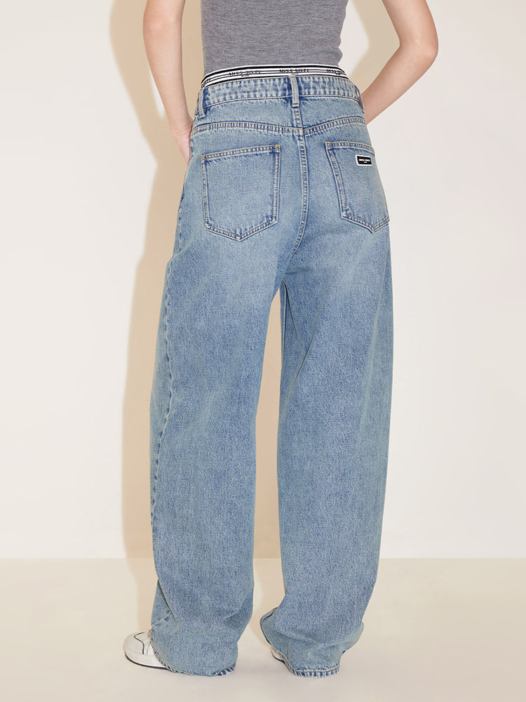 Light Blue V-Shape Patchwork High Waisted Straight Fit Jeans