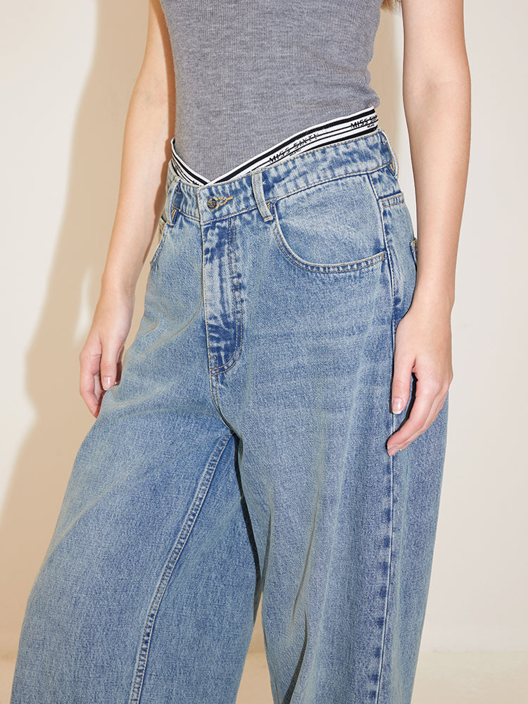 Light Blue V-Shape Patchwork High Waisted Straight Fit Jeans