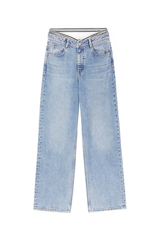 Light Blue V-Shape Patchwork High Waist Straight Fit Jeans