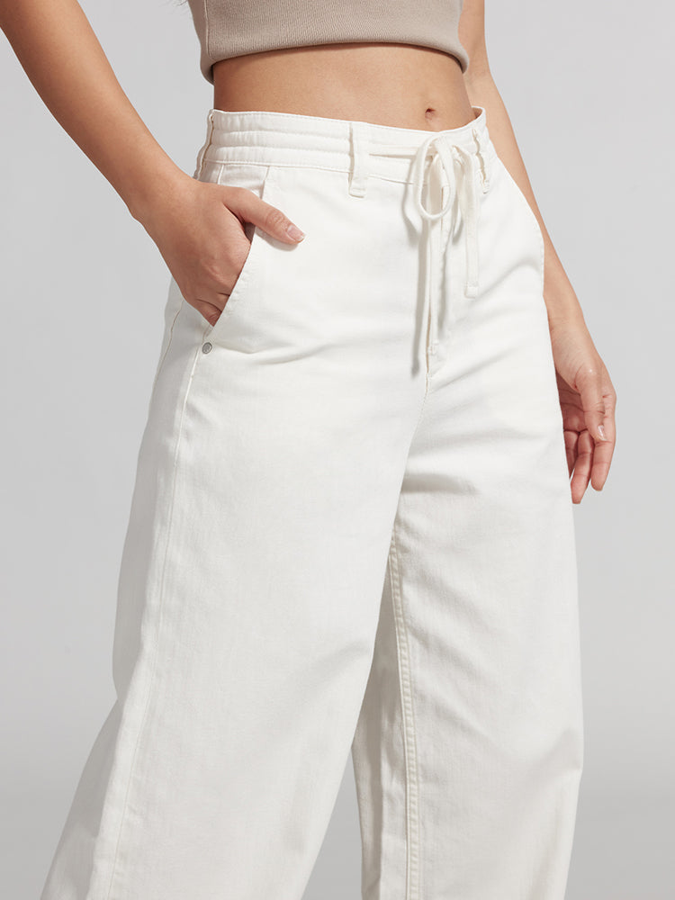 White Wide Leg Jeans With Drawstring