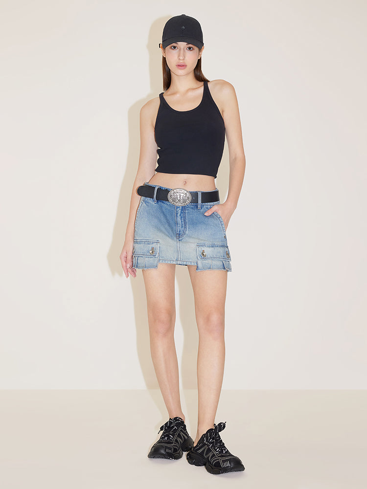 Low Waist Cargo Denim Skirt