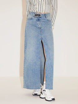 High Waist Denim Slit Skirt With Asymmetrical Waist