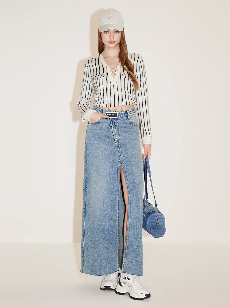 High Waist Denim Slit Skirt With Asymmetrical Waist