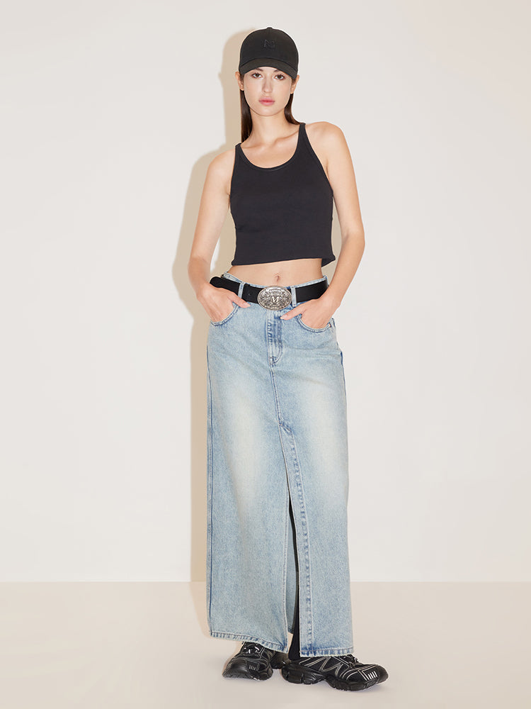 Split-Hem Denim Maxi Skirt