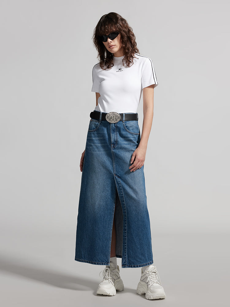 Split-Hem Denim Maxi Skirt