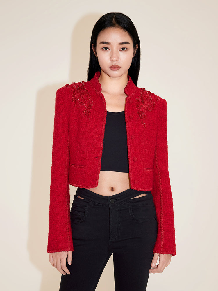 Red Embroidered Woolen Tweed Jacket