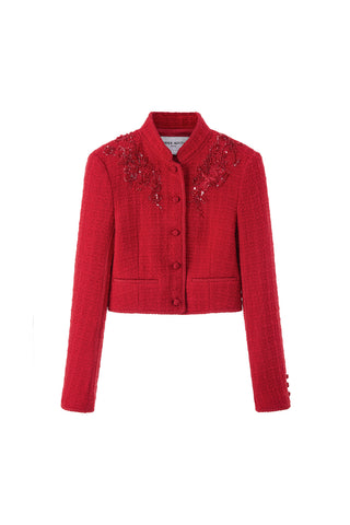 Red Embroidered Woolen Tweed Jacket
