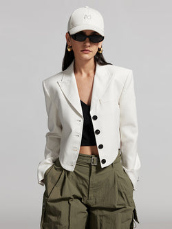 Cropped Jacket With Suit Collar And Shoulder Pads