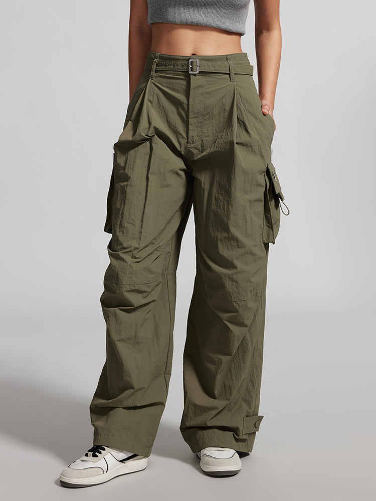 Belted Loose-Fitting Pleated Cargo Pants