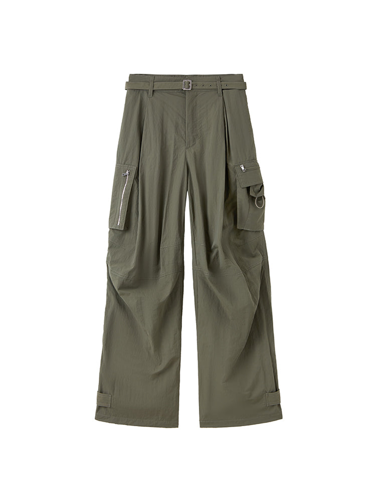 Belted Loose-Fitting Pleated Cargo Pants