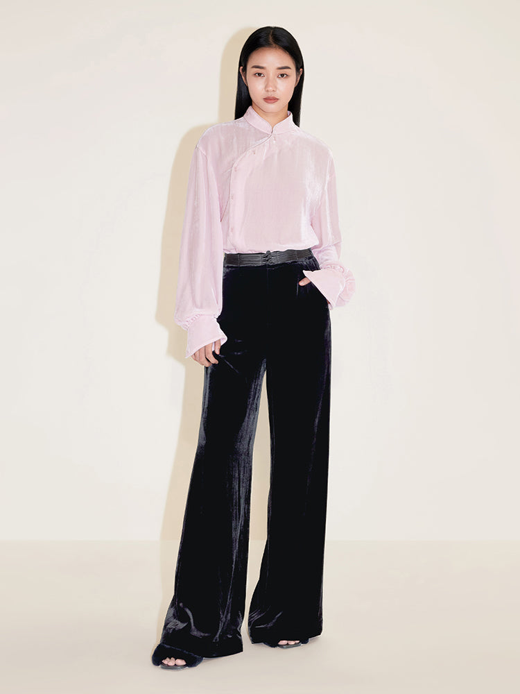 High Waist Velvet Wide Leg Pants With Buckle