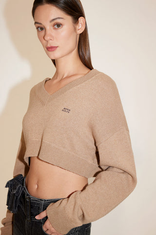 Sexy V-Neck Cropped Knit Top With Embroidered Logo