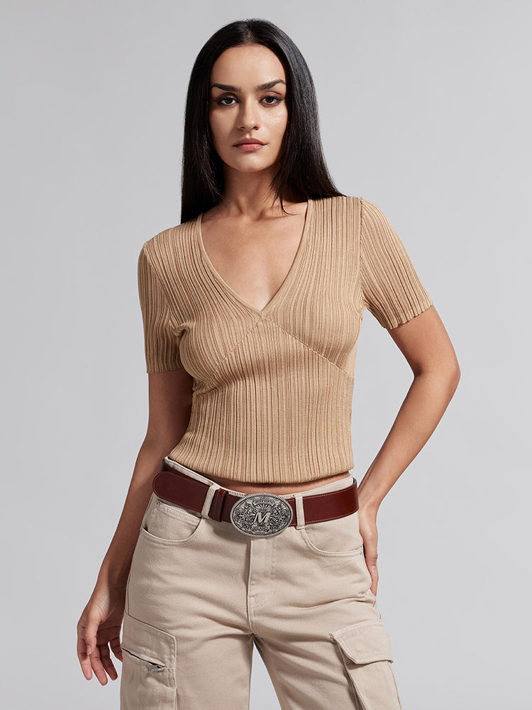 V-Neck Knit Top With Mulberry Silk