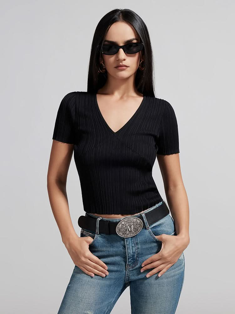 V-Neck Knit Top With Mulberry Silk