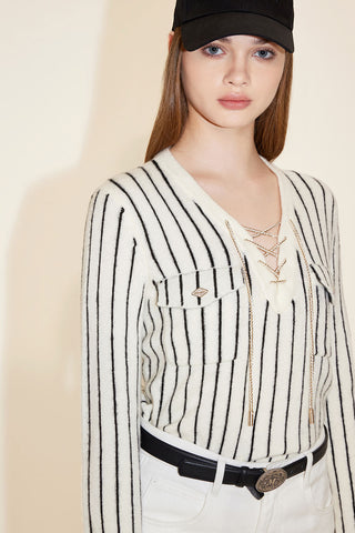 V-Neck Stripped Wool Knitted Cardigan