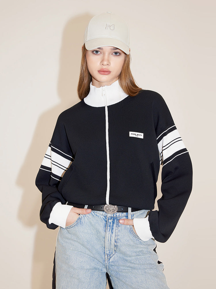 Stand Collar Patchwork Sporty Woolen Jacket