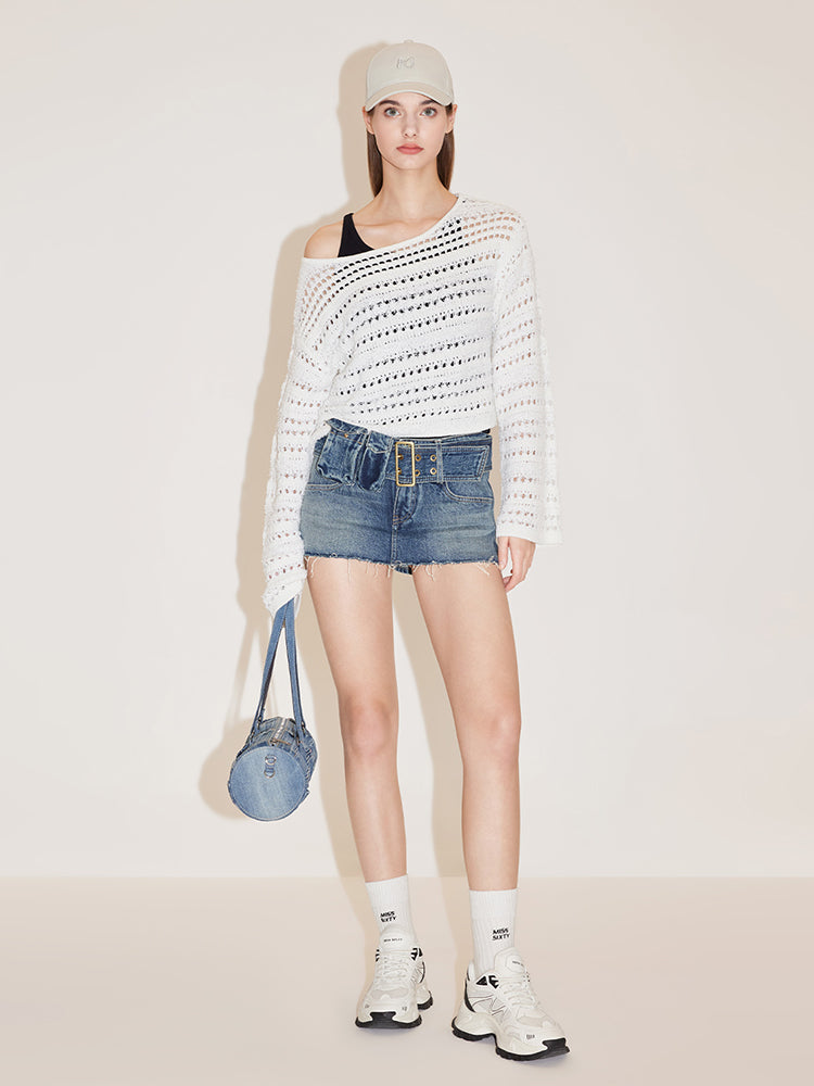 Holiday Round Neck Hollow Woolen Knit Top