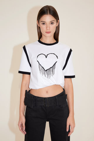 Round Neck Heart-Shaped Printed Colour Block Short Sleeves T-Shirt