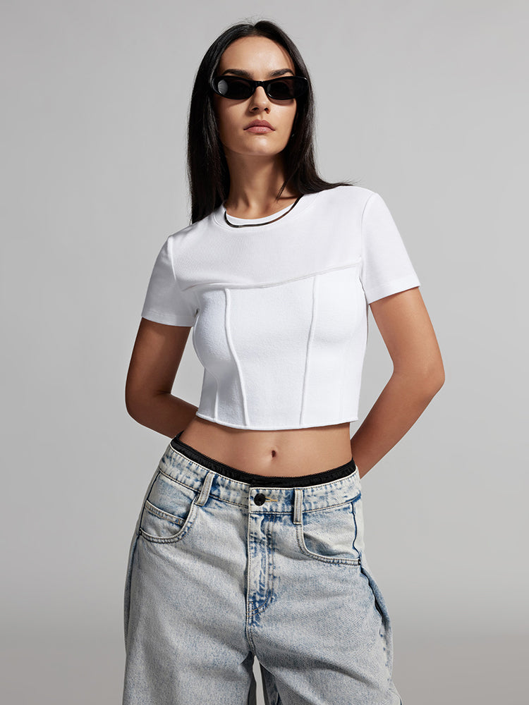 Round Neck Shoulder Fit Cropped T-Shirt