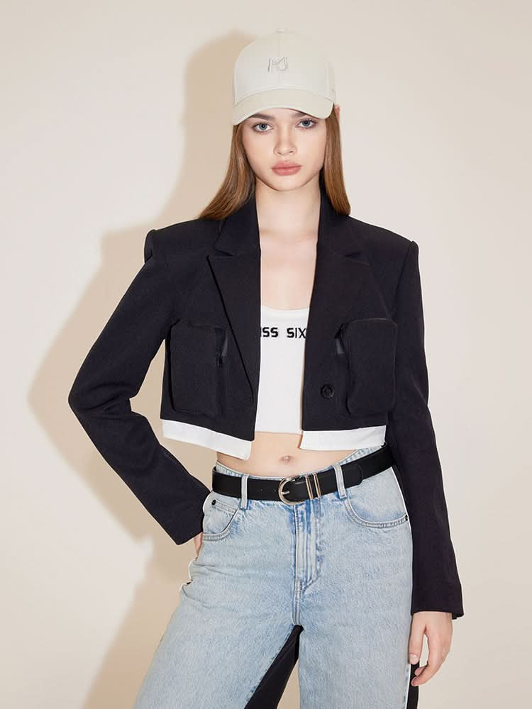 Elegance Cropped Jacket With Shoulder Pads