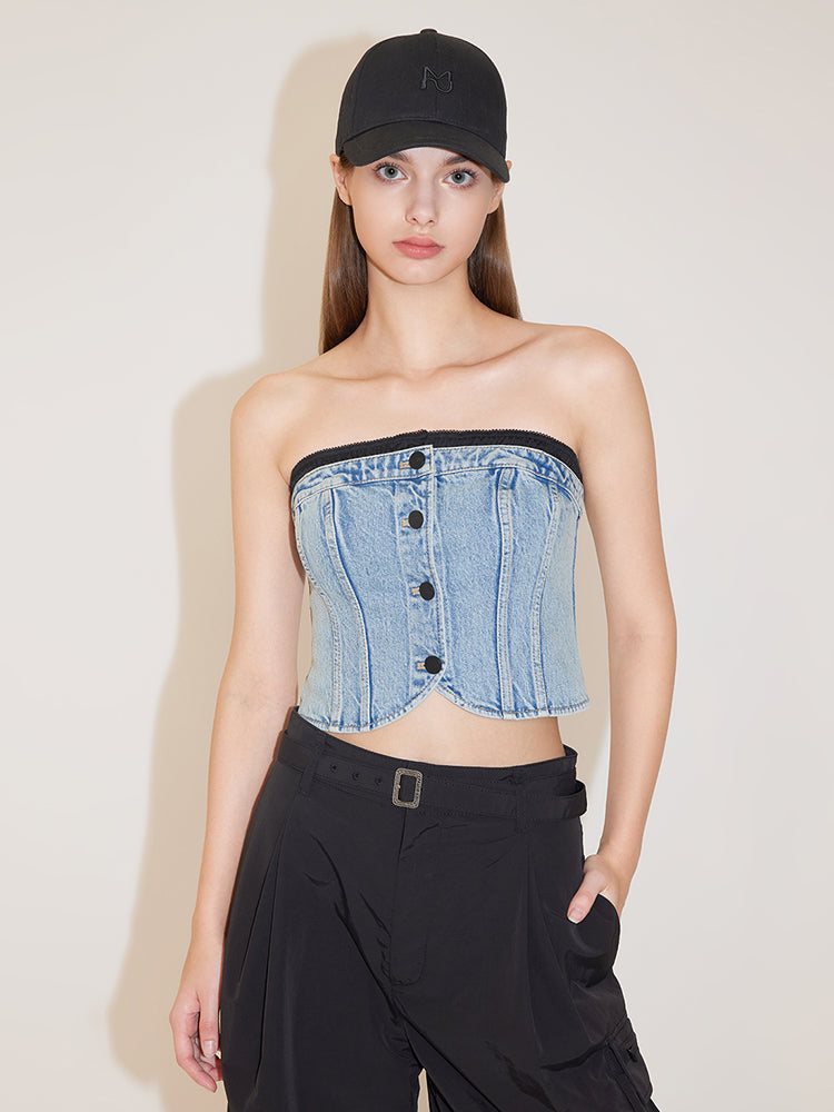 Sexy Denim Top With Splicing Design