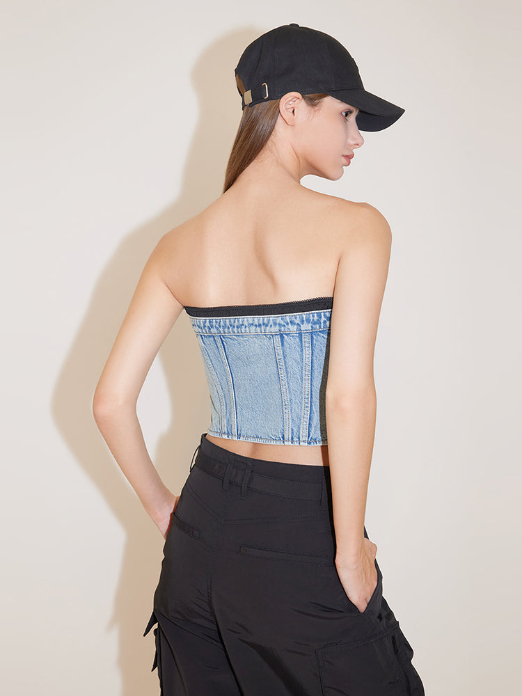 Sexy Denim Top With Splicing Design